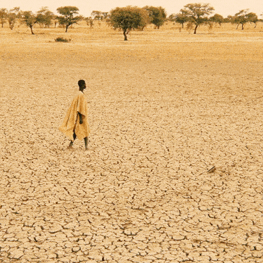 a man in a yellow cape walks across a dry desert