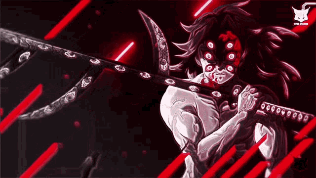 a black and white drawing of a man holding a sword with a red background