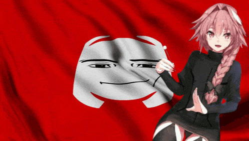 a girl stands in front of a red flag with a discord face on it