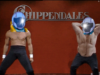 two shirtless men are standing in front of a sign that says hippendales