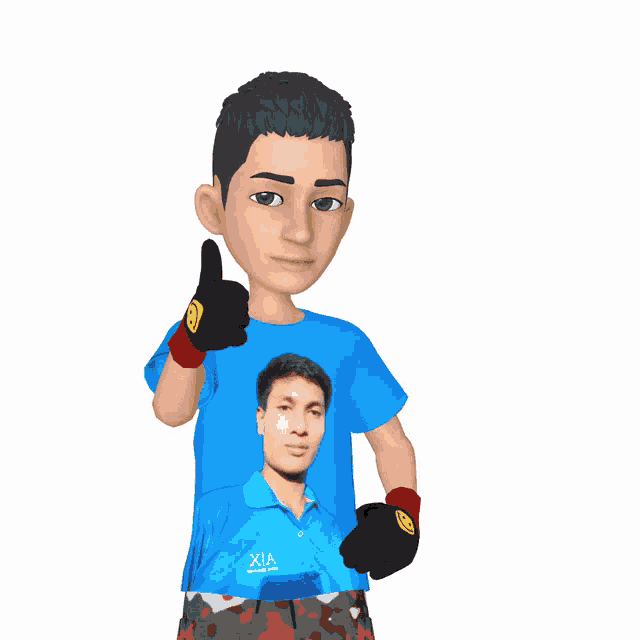 a cartoon character is wearing a blue shirt that says xia on it
