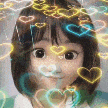 a little girl is surrounded by glowing hearts on her head