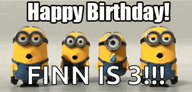 a group of minions are standing next to each other with the words `` happy birthday finn is 3 !! ''