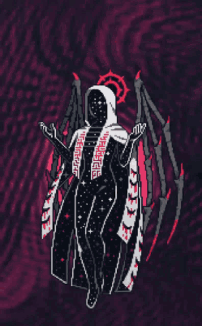 a pixel art drawing of a grim reaper with a hood