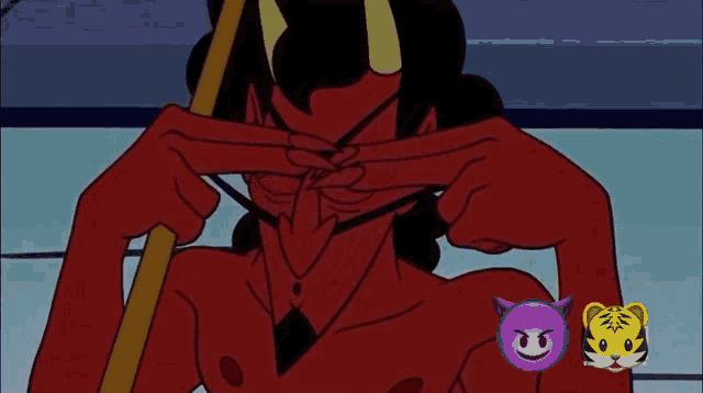a cartoon devil covering his eyes with his hands and a purple devil and a tiger are behind him