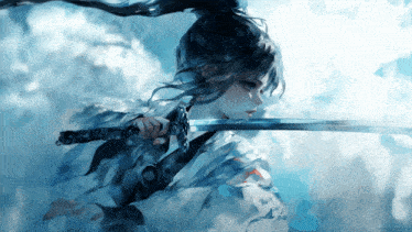 a girl with a ponytail is holding a sword in front of a cloudy sky