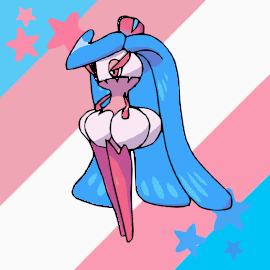 a drawing of a pink and blue cartoon character on a pink and blue background with stars
