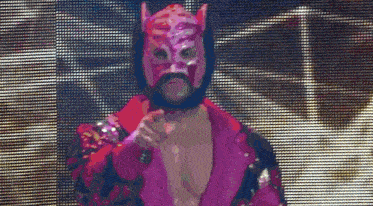 a man wearing a pink mask and a red robe is pointing at the camera