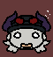 a pixel art drawing of a cartoon character with horns and skulls
