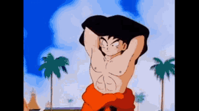 goku from dragon ball z is standing in front of palm trees without a shirt on .
