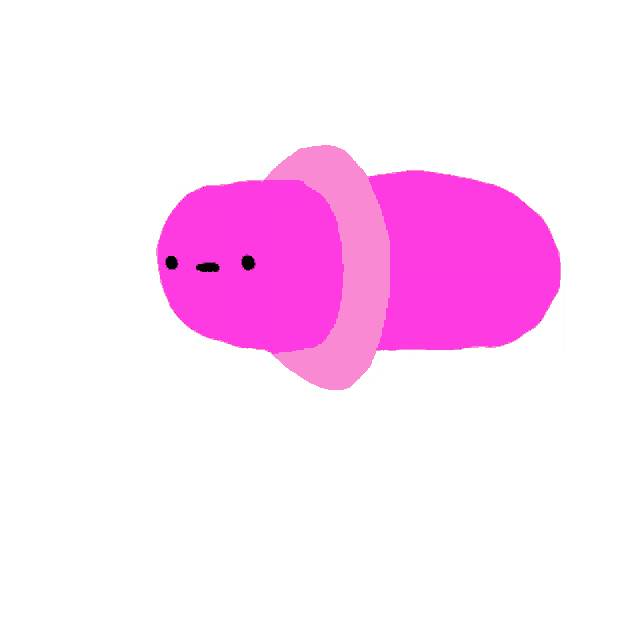 a drawing of a pink object with black eyes