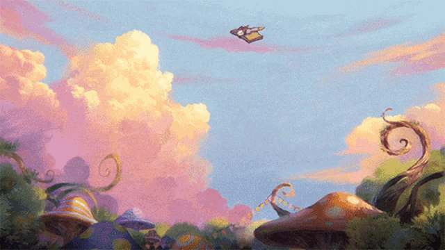a painting of mushrooms and clouds with a butterfly flying in the sky