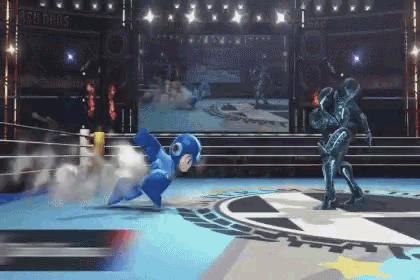 a video game character is kicking another video game character in a boxing ring