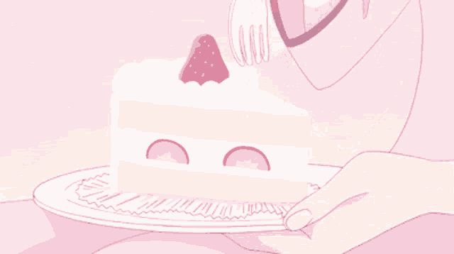a person is eating a slice of cake with strawberries on top with a fork .