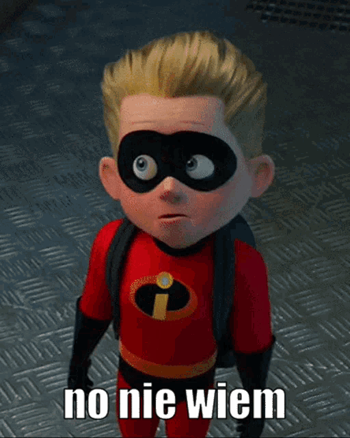 a cartoon character in a superhero costume with the words no nie wiem below him