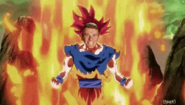 a man is dressed as a dragon ball z character with red hair and a blue shirt .