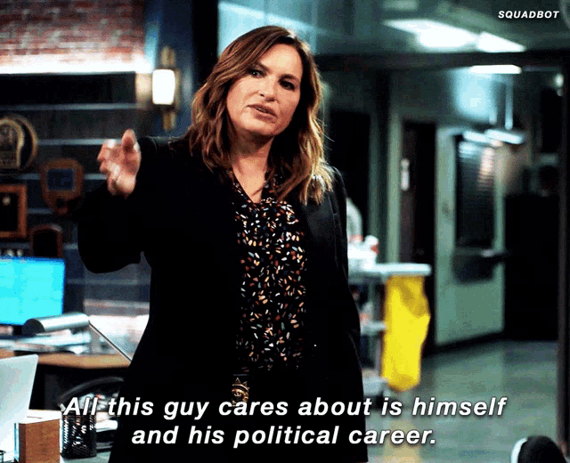 a woman in a black jacket says all this guy cares about is himself and his political career