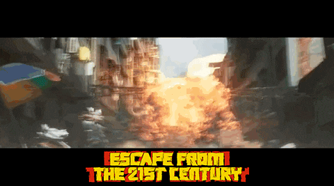 a poster that says escape from the 21st century with a explosion in the background
