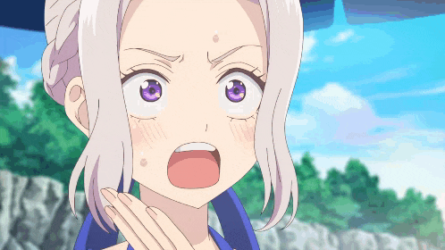 a girl with white hair and purple eyes has her mouth open