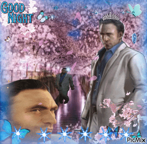a man with a crown on his head is surrounded by butterflies and flowers and says good night