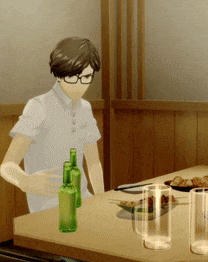 a man is sitting at a table with two green bottles