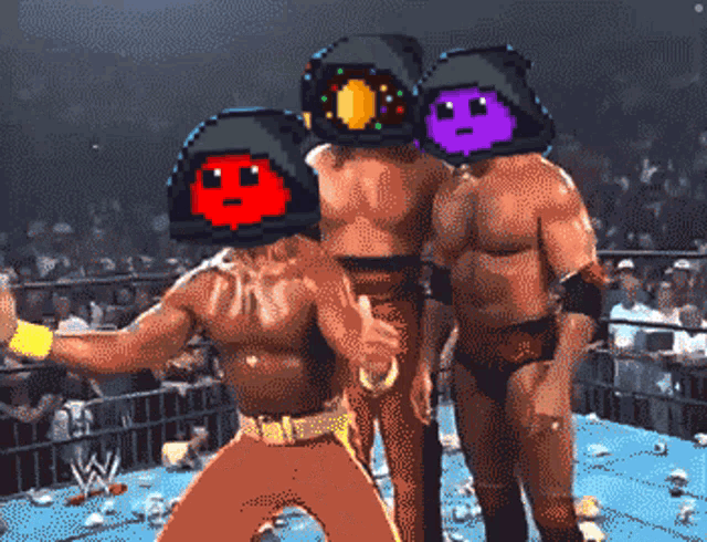 a pixel art of three wrestlers in a wrestling ring with a w logo in the background