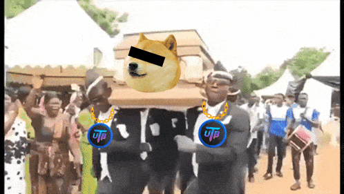 a doge wearing sunglasses is on a coffin being carried by men