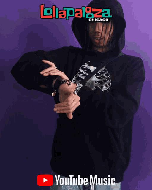 a poster for lollapaloza chicago shows a man in a hoodie