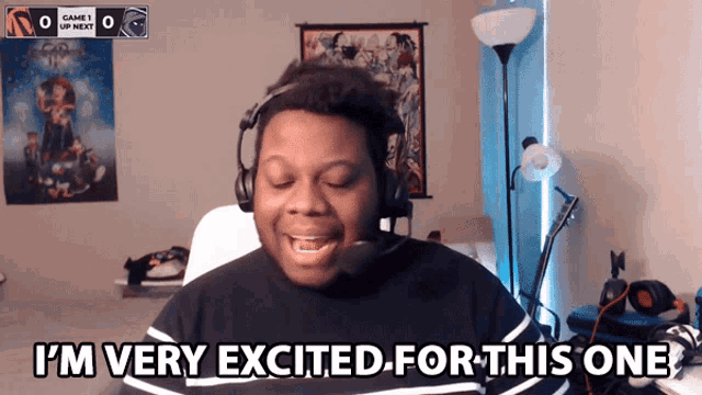 a man wearing headphones and a headset says i 'm very excited for this one
