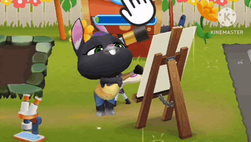 a cartoon cat is painting a picture on an easel