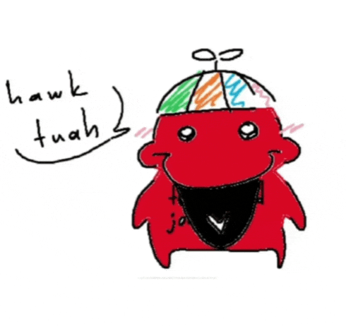 a drawing of a red monster with a colorful hat and the words hawk tuah below it