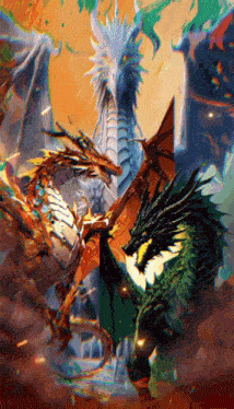 a painting of a group of dragons including a green one