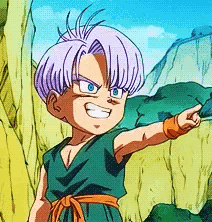 a cartoon character with purple hair and a green shirt is pointing
