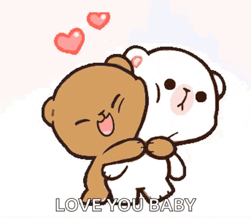 a couple of teddy bears hugging each other with the words love you baby written below them