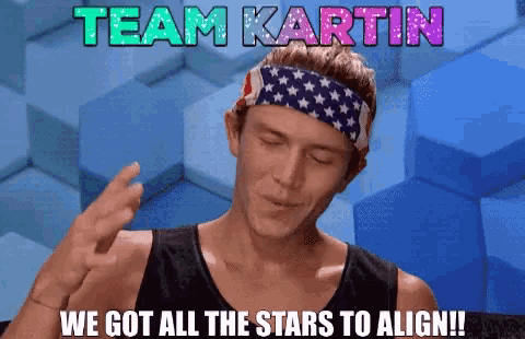 a man wearing an american flag headband with the words team kartin we got all the stars to align