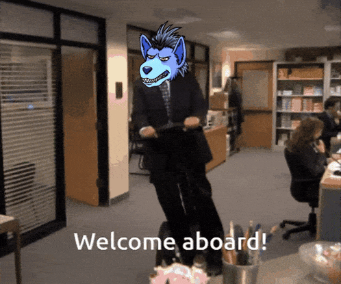 a man in a suit is riding a segway in an office with the words welcome aboard written below him