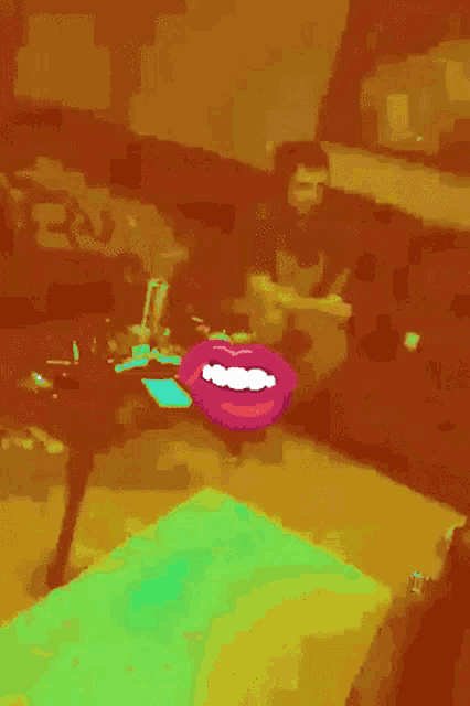 a purple and green background with a cartoon mouth with teeth