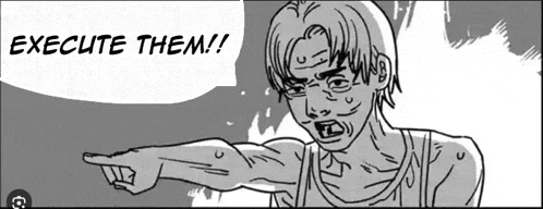 a black and white drawing of a man pointing with the words " execute them " behind him