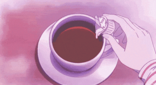 a person is pouring sugar into a cup of coffee on a pink background .