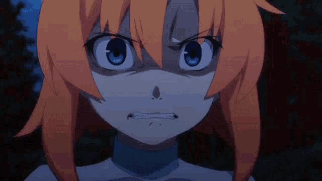 a close up of a girl with orange hair and blue eyes making a angry face .