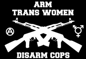 two crossed guns with the words `` arm trans women disarm cops '' written on them .