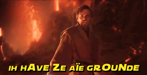 a man stands in front of a fire with the words " i have ze aie grounde "