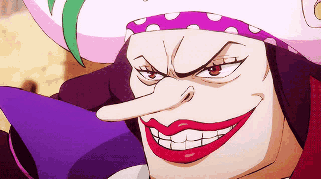 a cartoon character with a long nose and red lips is smiling