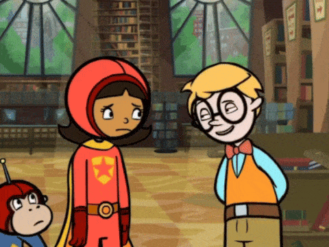 a cartoon of a boy and a girl standing in a library