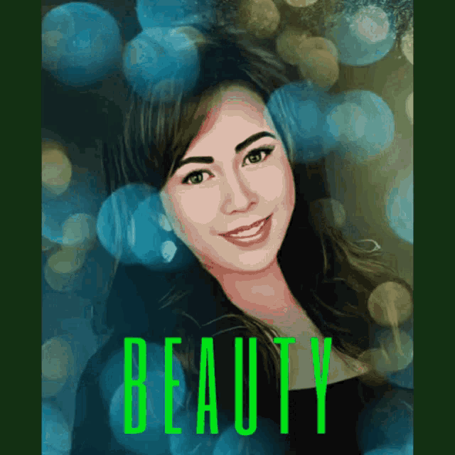 a painting of a woman with the word beauty in green letters