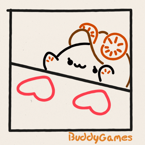 a drawing of a bunny with a slice of pizza on its head and the words buddy games underneath it