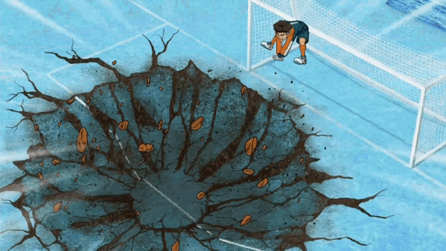 a cartoon of a soccer player standing in front of a soccer goal