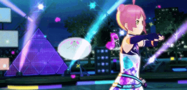 a girl with pink hair and a ring around her waist is dancing on a stage