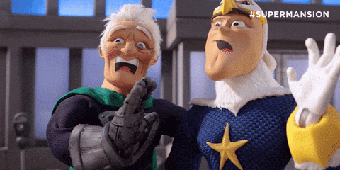 two cartoon characters are standing next to each other with the words supermansion on the bottom