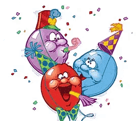a cartoon illustration of balloons with faces and confetti